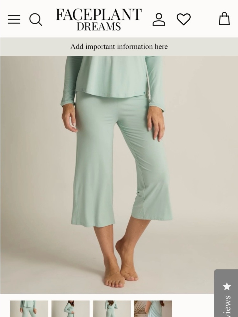 Faceplant Dreams Women's Bamboo Aqua Mint Cropped Lounge Pant and Top Size L